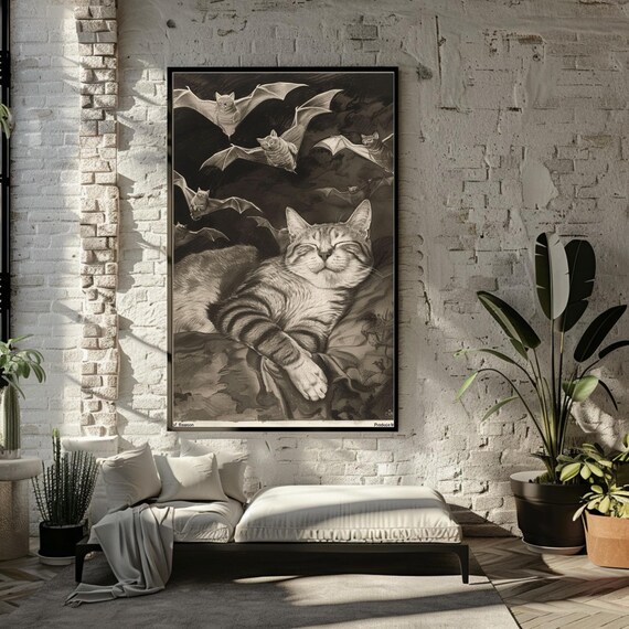 Sleeping Tabby Cat with Flying Bats Surreal Black and White Wall Art