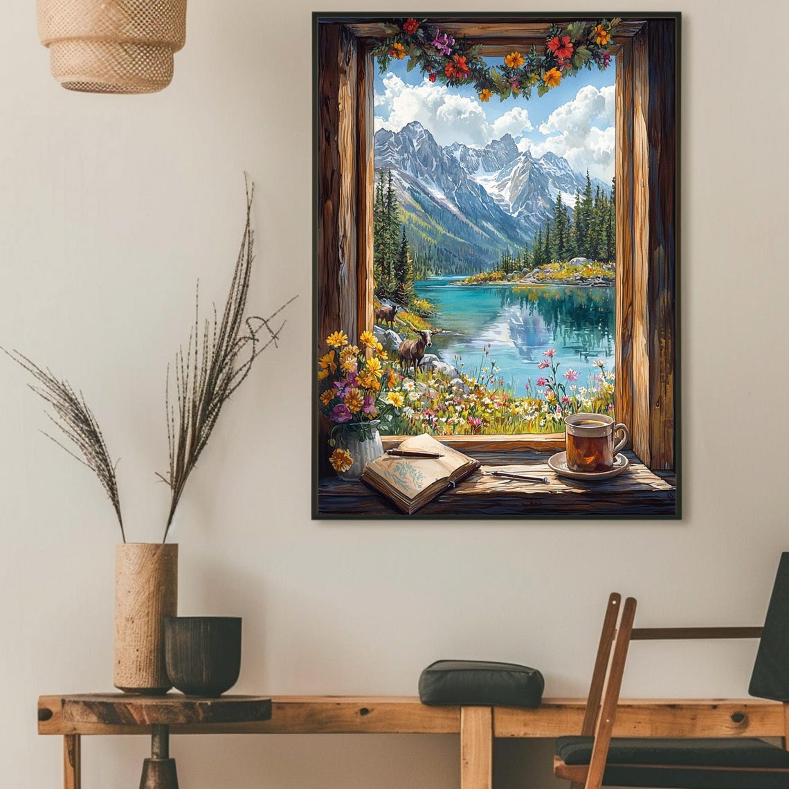 Open Window Overlooking Mountain Lake with Tea Cup on Sill Poster