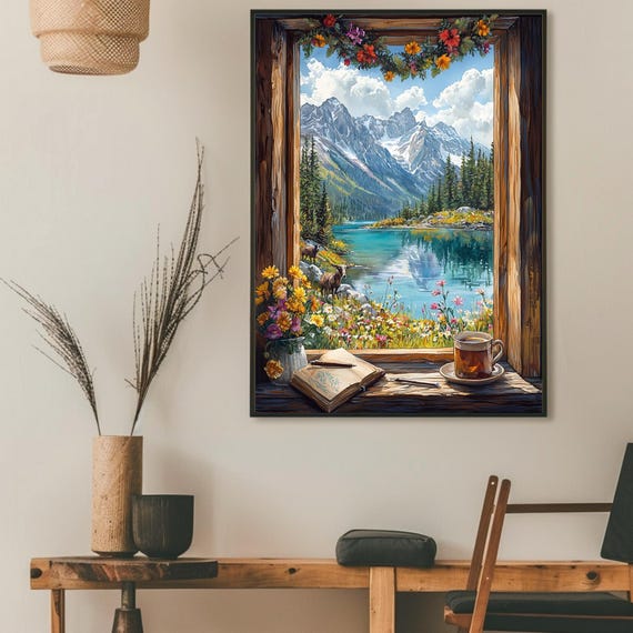Open Window Landscaperustic Mountain Lake Scenetea Cup On Windowsill Art Printmatte Wall Decornature Landscape Picturegreen Pine