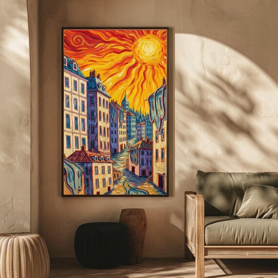 Surreal Melting City Street Blazing Sun Dreamlike Art Poster