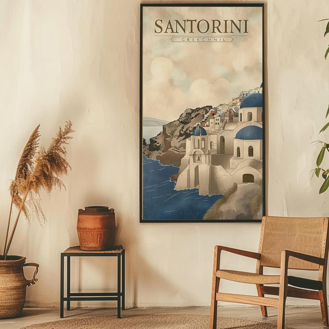 Santorini Greece Blue Domes Vintage Mediterranean Travel Poster