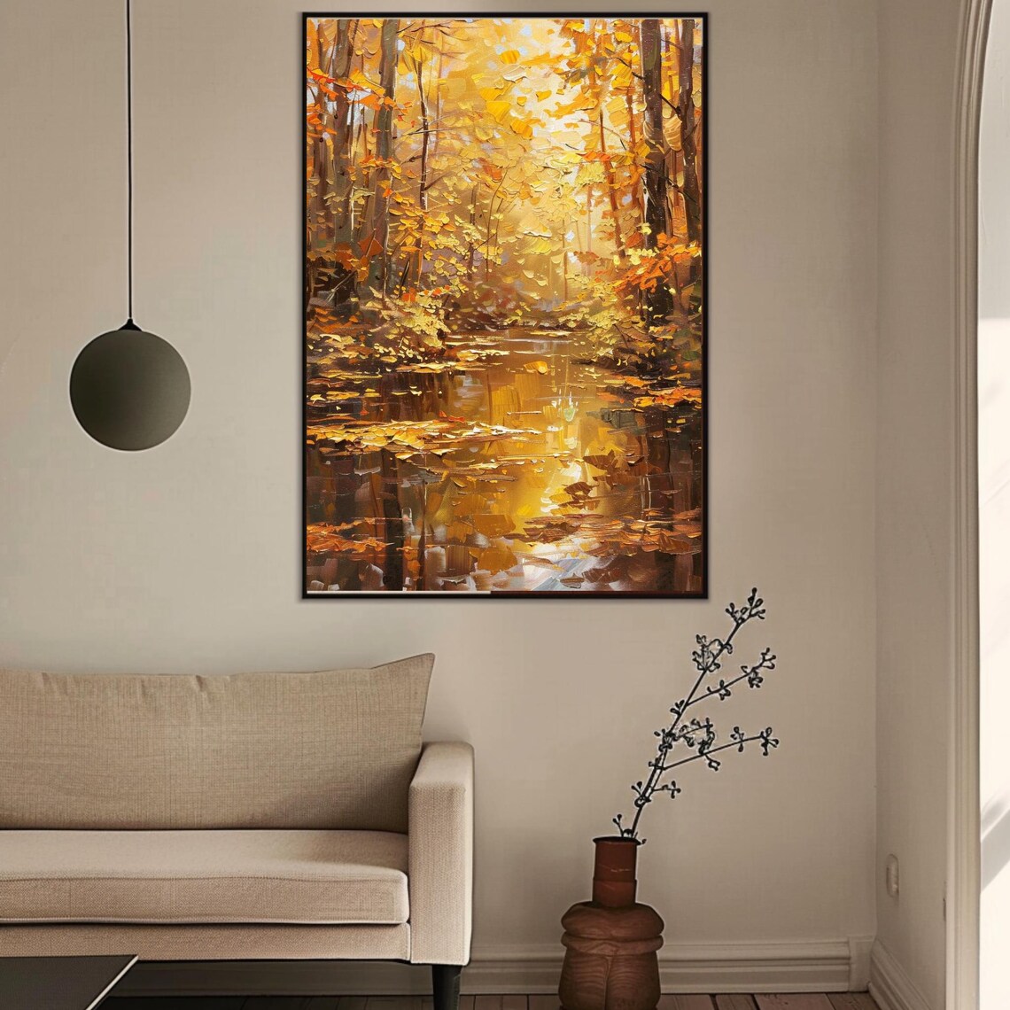 Golden Autumn Forest Stream Oil Painting Poster with Fall Foliage Glow