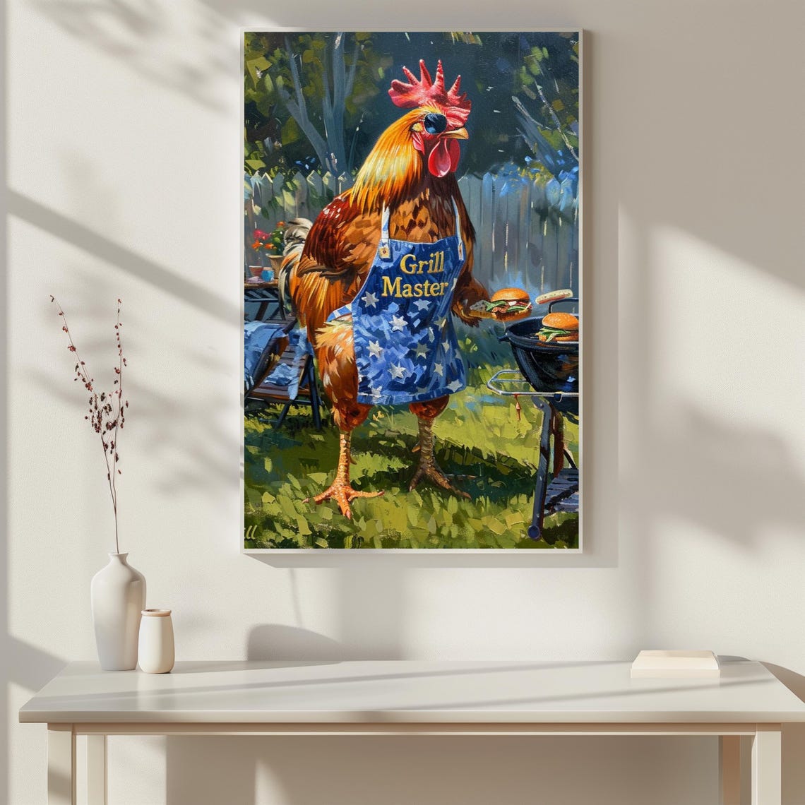 Rooster Grill Master Vertical Poster Vibrant Whimsical Kitchen Art Matte Print Summer Gathering Decor Dining Room Wall Hanging Funny