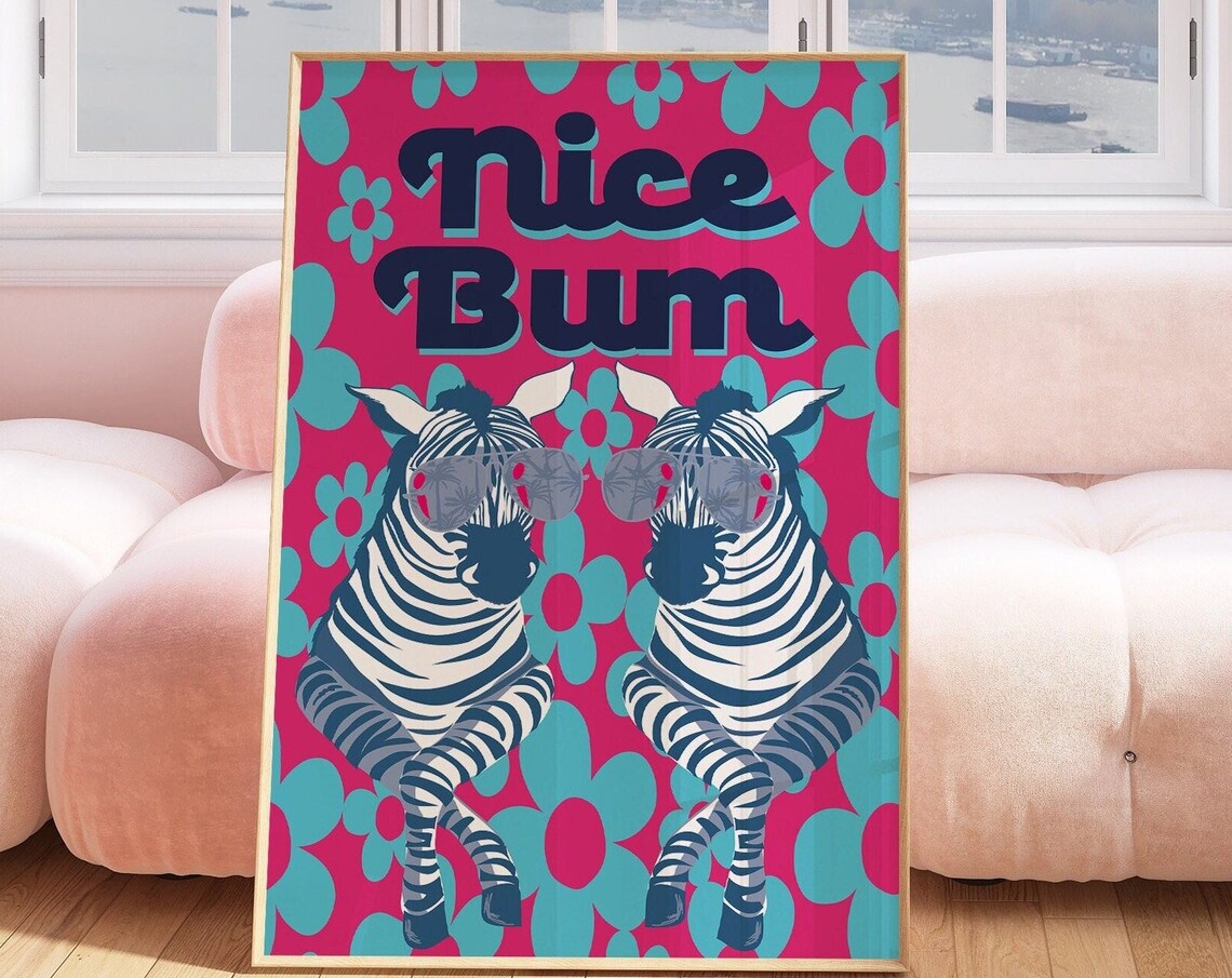 Hot Pink Nice Bum Zebras With Sunglasses Navy Retro Art Poster