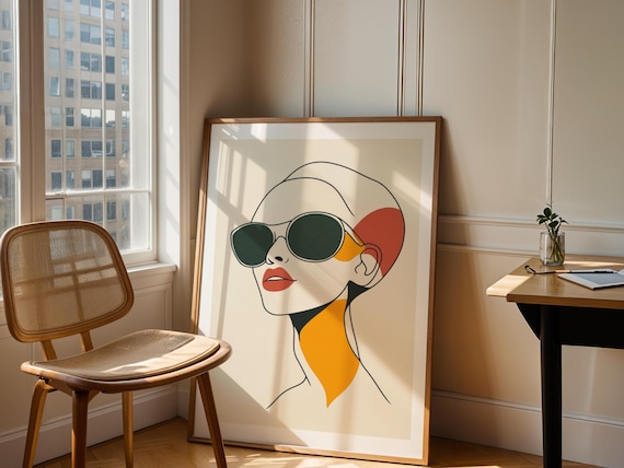 Modern Woman Line Art Print Stylish Sunglasses Portrait