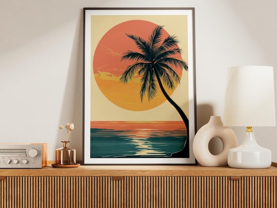 Tropical Sunset Print Retro Palm Tree Beach Ocean Decor
