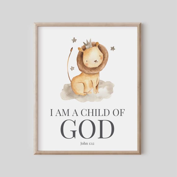Christian Nursery Decor Kids Bible Verse Wall Art I Am A Child Of God John 112 Scripture Print Safari Jungle Theme Watercolor Lion