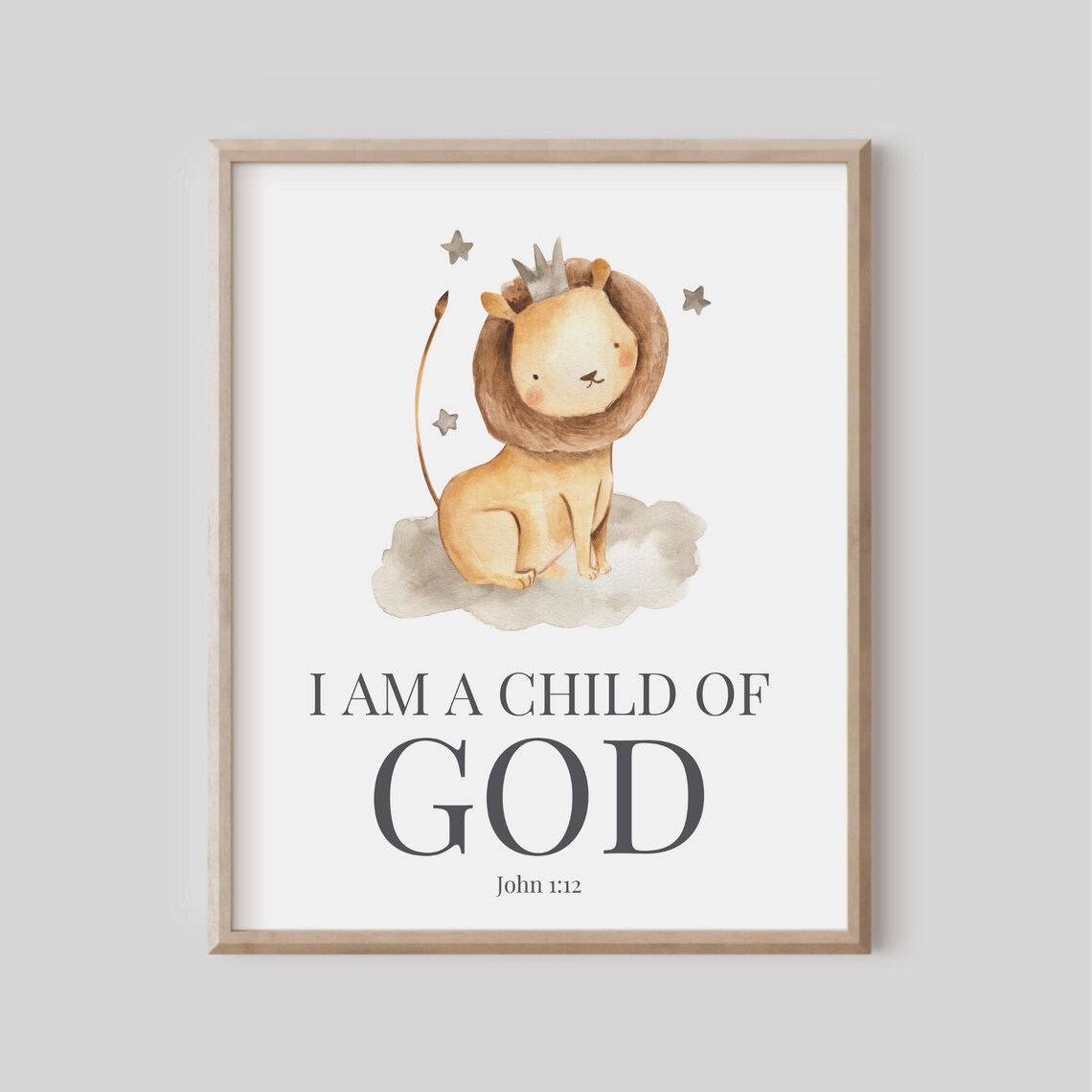 I Am a Child of God Lion Print Watercolor Nursery Bible Verse John 1:12