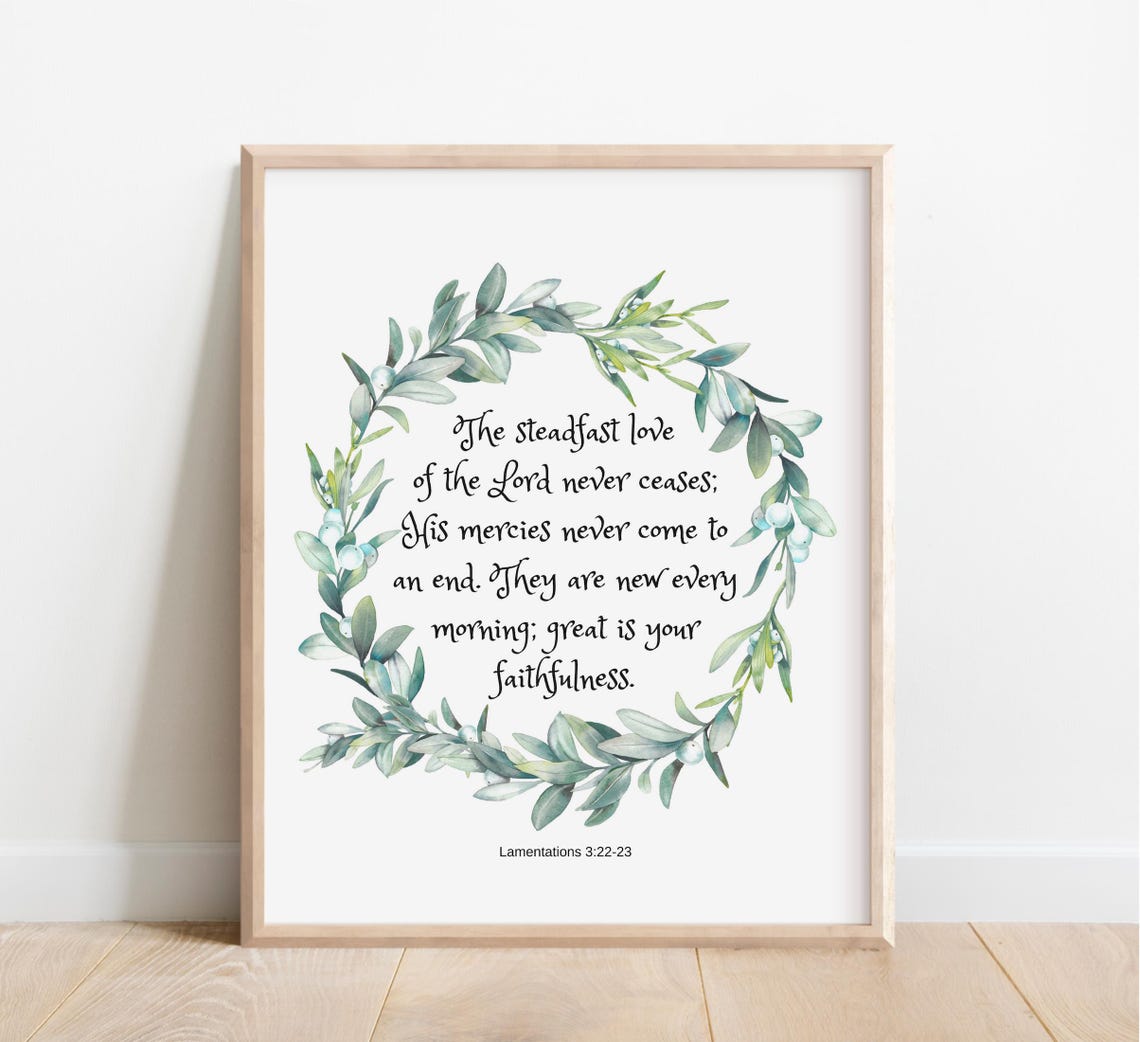 Lamentations 3223 Steadfast Love Scripture Watercolor Wreath Wall Art