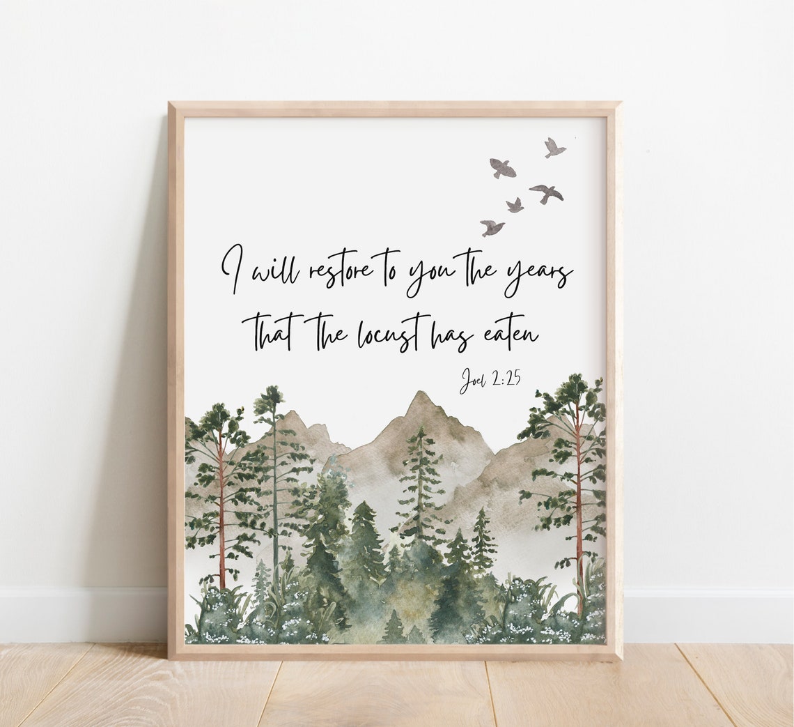 Joel 2:25 I Will Restore Watercolor Mountains Birds Scripture Poster