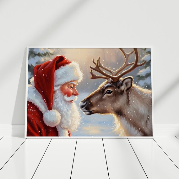 Vintage Santa And Reindeer Christmas Poster Print