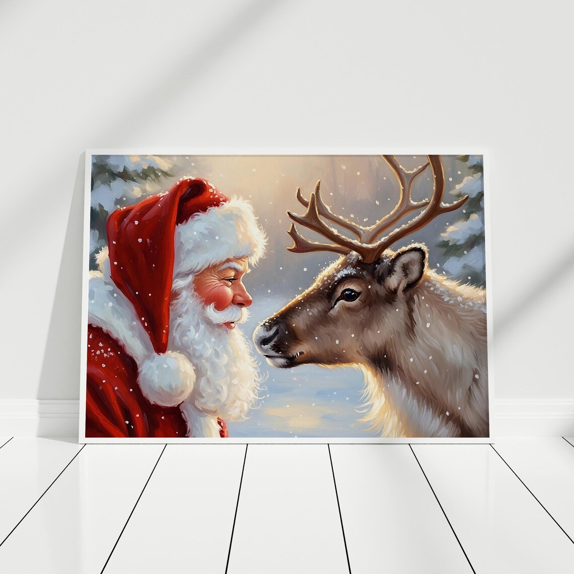 Vintage Santa And Reindeer Christmas Poster Print
