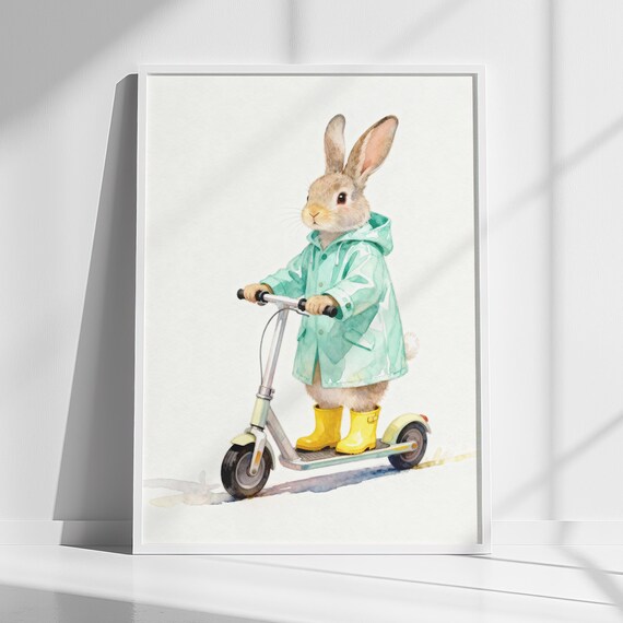 Bunny Riding Scooter Watercolor Raincoat Kids Room Nursery Poster