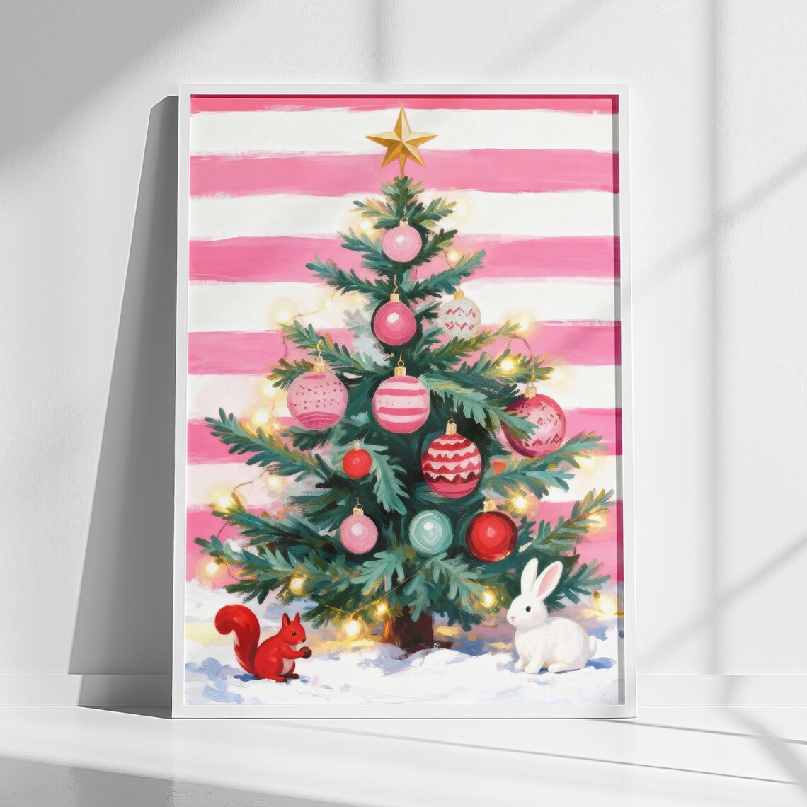 Christmas Tree Wall Art, Bunny Squirrel Nursery Print