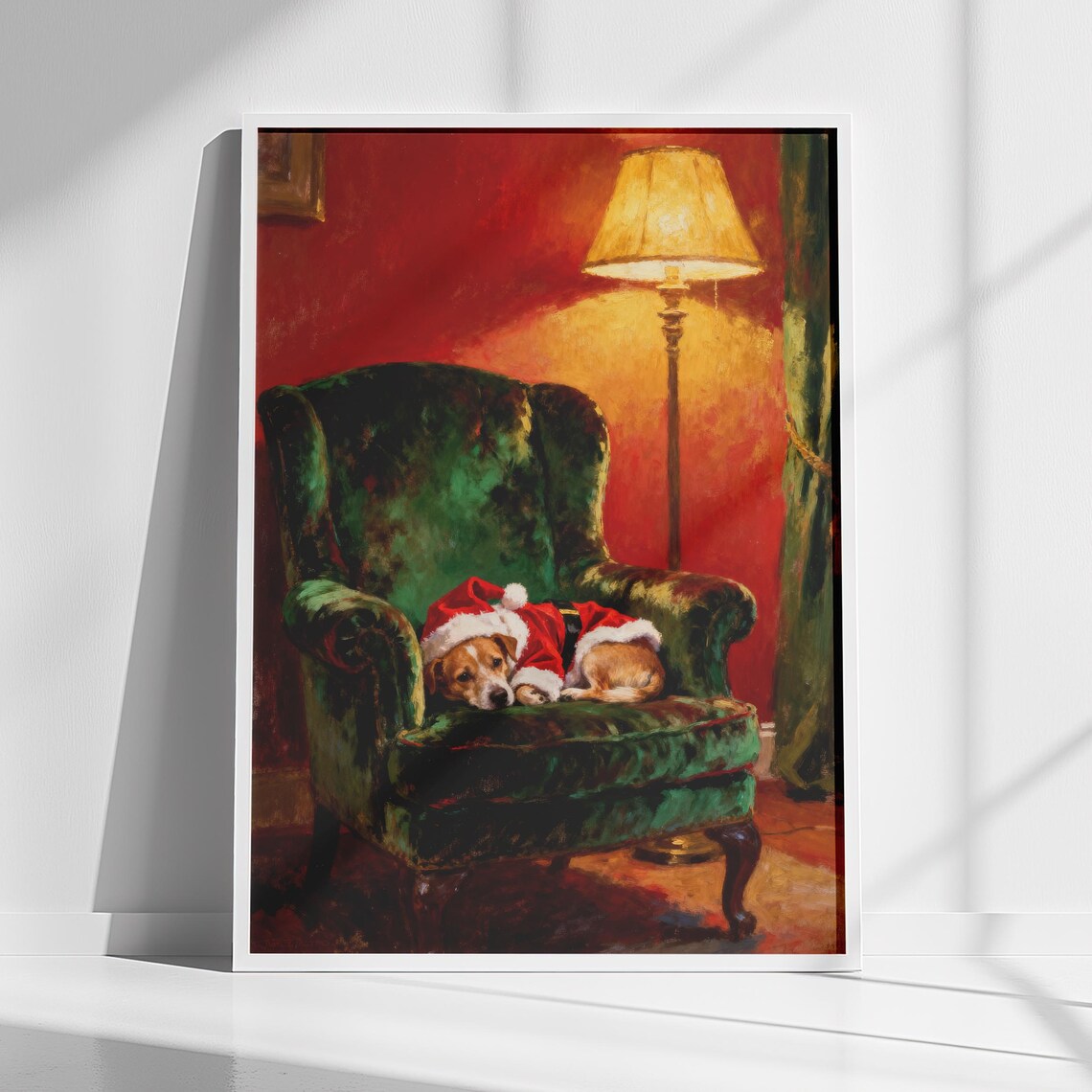 Sleepy Puppy in Santa Costume on Green Velvet Armchair Poster