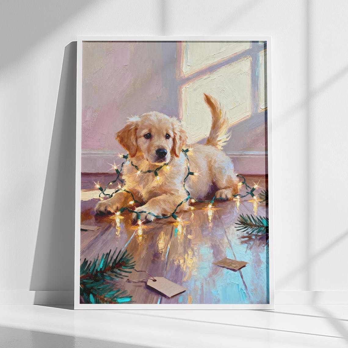 Golden Retriever Puppy Tangled in Christmas Lights Art Poster