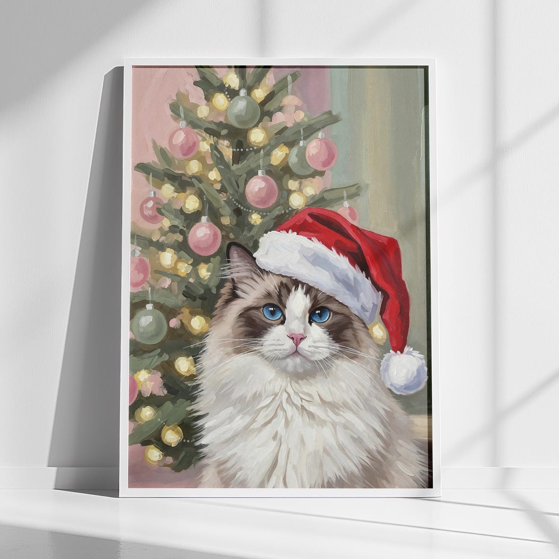 Ragdoll Cat in Santa Hat Pastel Christmas Tree Cute Kitten Poster