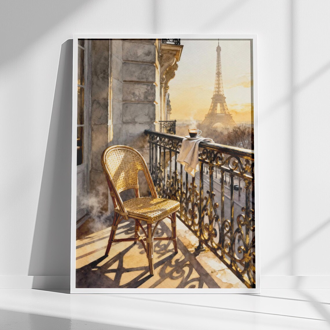 Eiffel Tower Paris Balcony View Watercolor Morning Coffee Poster