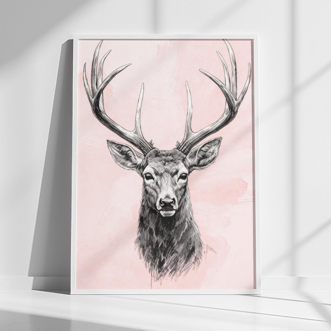 Deer Stag Portrait Sketch Pink Background Elegant Nature Wall Art