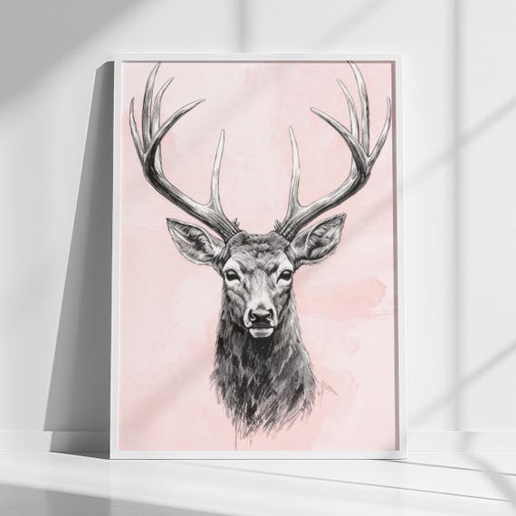 Deer Pink Wall Art Stag Portrait Print Instant