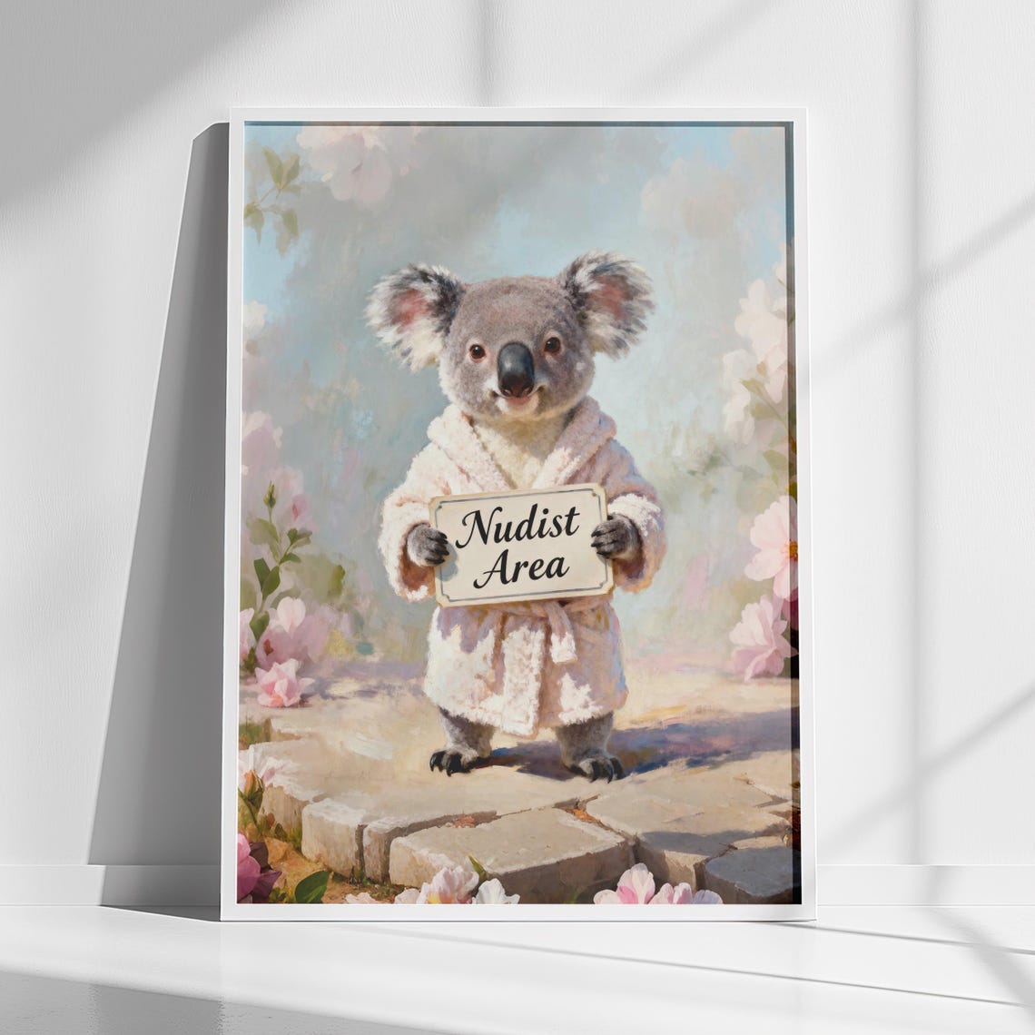 Funny Bathroom Wall Art Koala In Bathrobe Nudist Area Print Instant