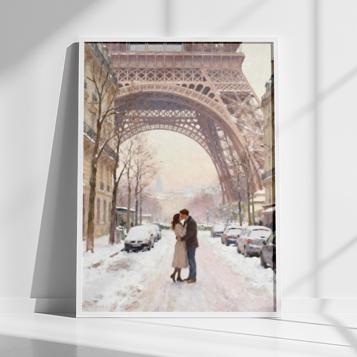 Eiffel Tower Winter Romance Couple Kissing Snowy Paris Scene Poster