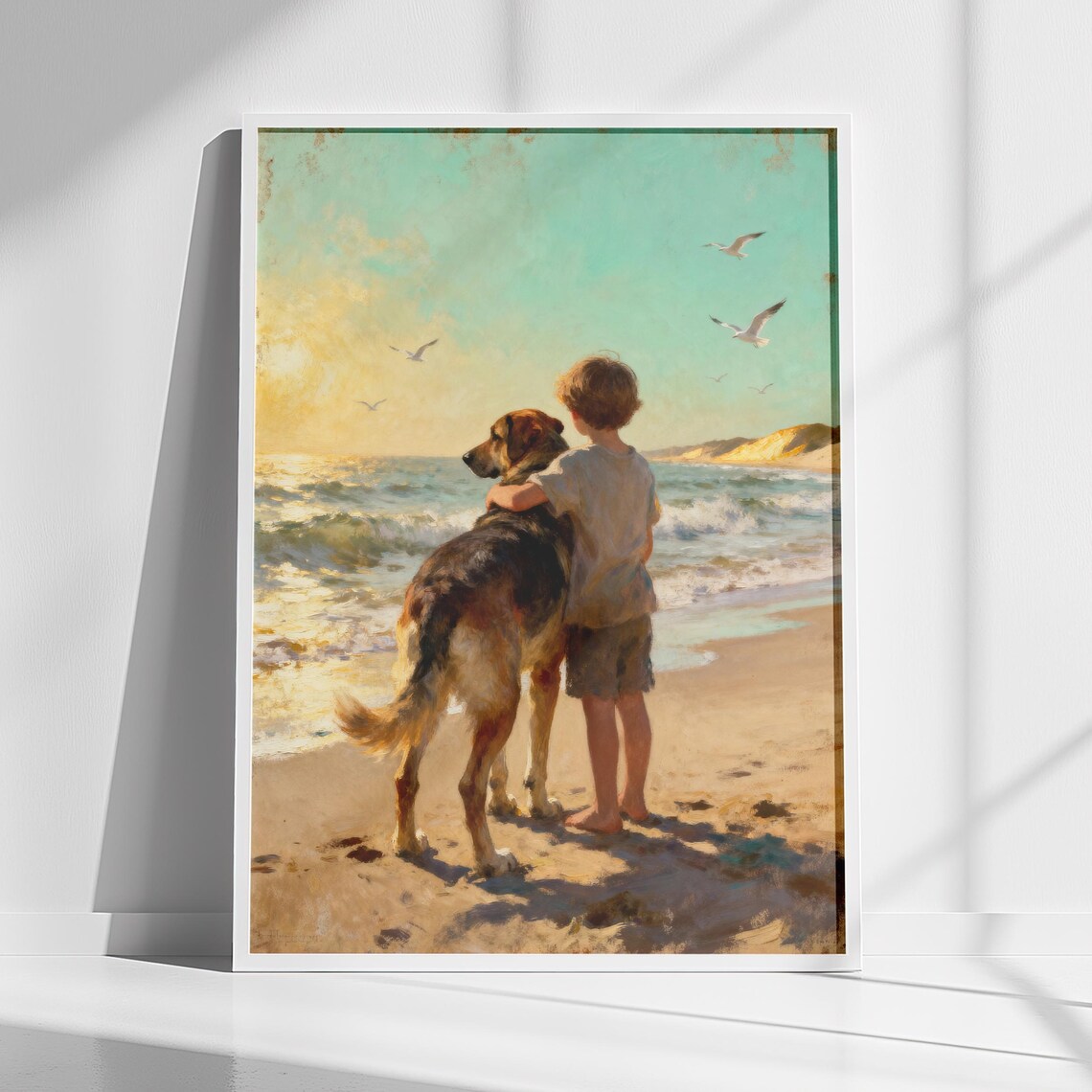 Boy and Dog at Sunset Beach Heartwarming Coastal Scene Art Poster