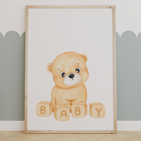 Adorable Teddy Bear With Baby Blocks Watercolor Nursery Wall Poster