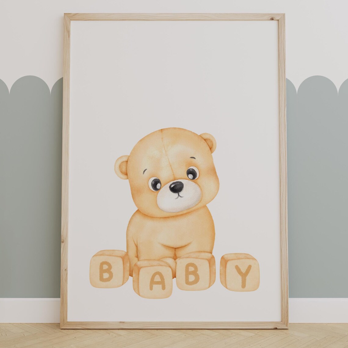 Adorable Teddy Bear With Baby Blocks Watercolor Nursery Wall Poster