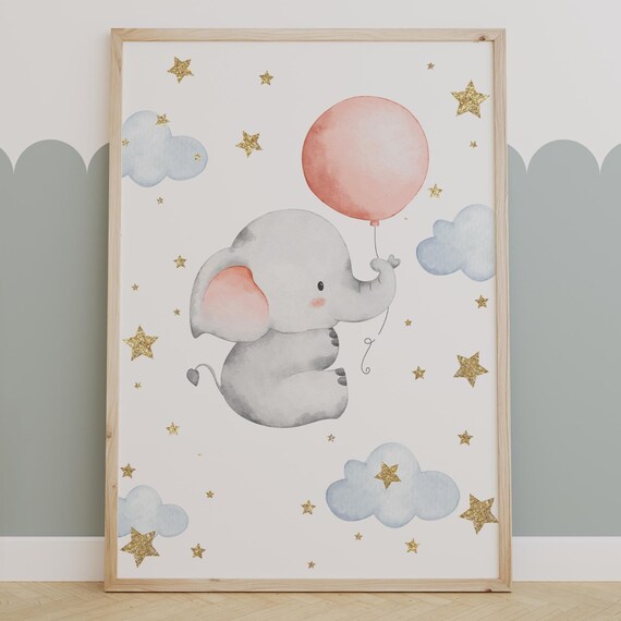 Baby Elephant Holding A Pink Balloon Starry Night Nursery Poster