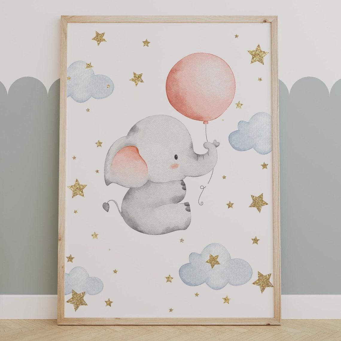 Baby Elephant Holding A Pink Balloon Starry Night Nursery Poster