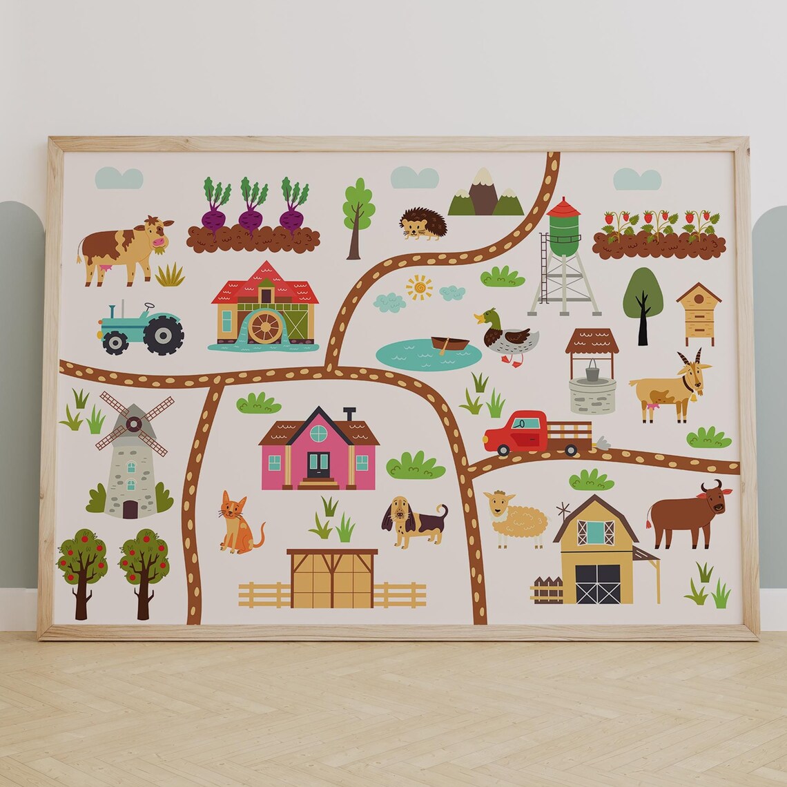 Farm Map With Animals And Tractor Educational Kids Room Wall Poster