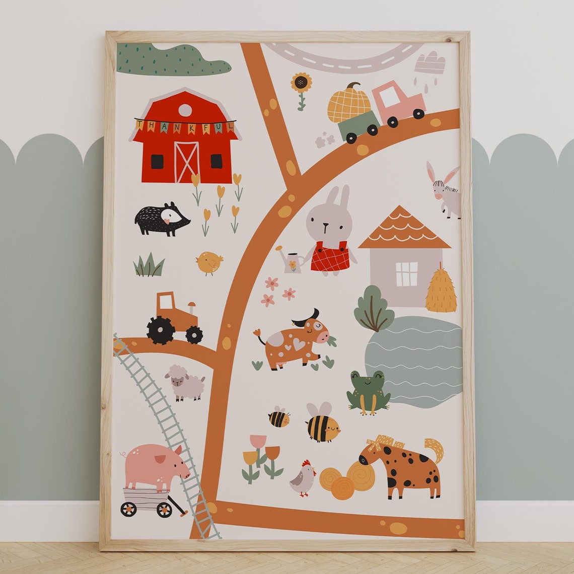 Whimsical Farm Animals Scene Map Educational Kids Room Wall Poster