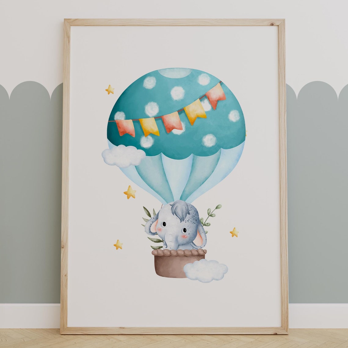 Baby Elephant Hot Air Balloon Sky Adventure Nursery Decor Poster