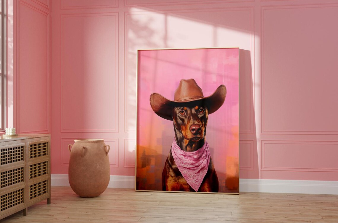 Doberman Dog Cowgirl Hat Print, Vintage Western Art - Image 2