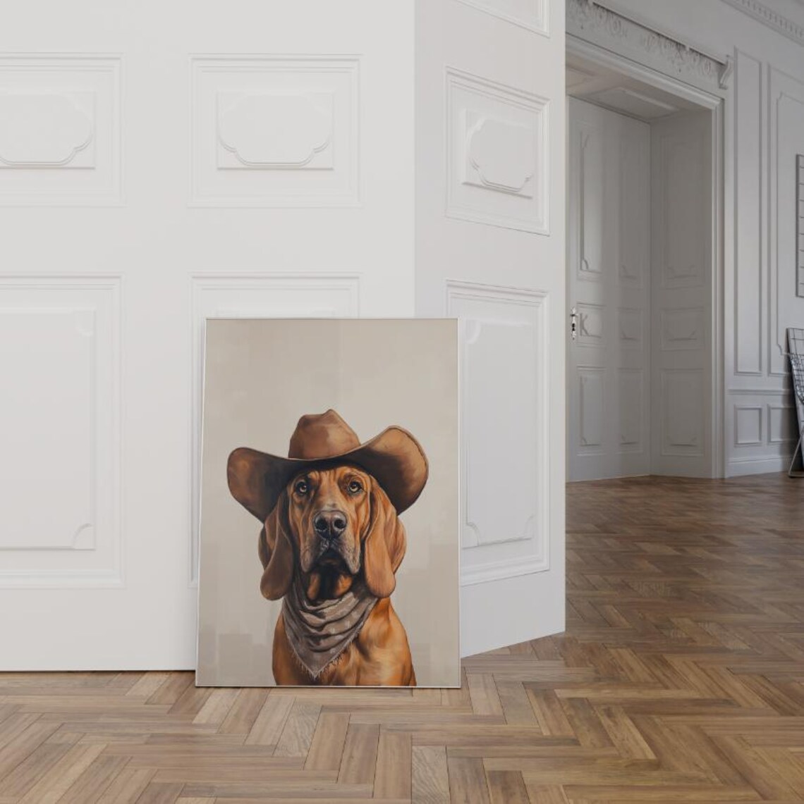 Bloodhound Dog With Cowgirl Hat, Western Art Print