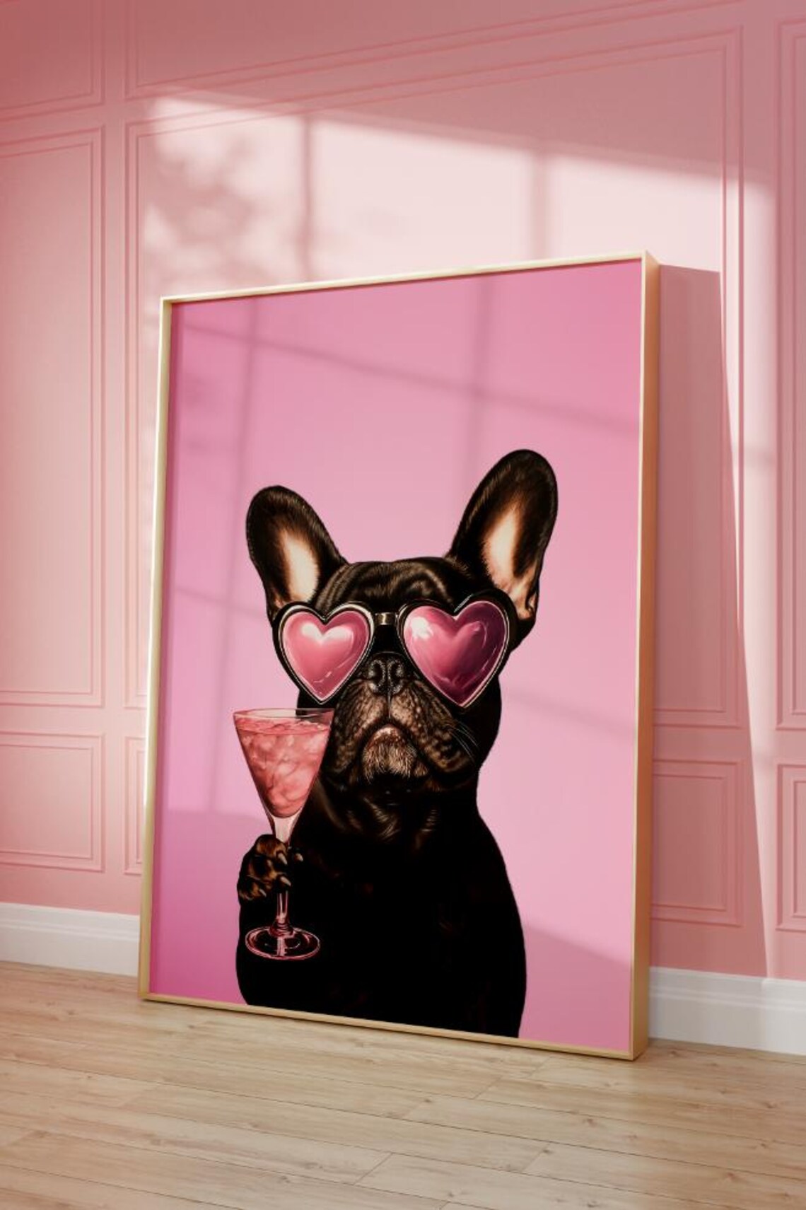 French Bulldog Heart Sunglasses Pink Cocktail Party Dog Poster