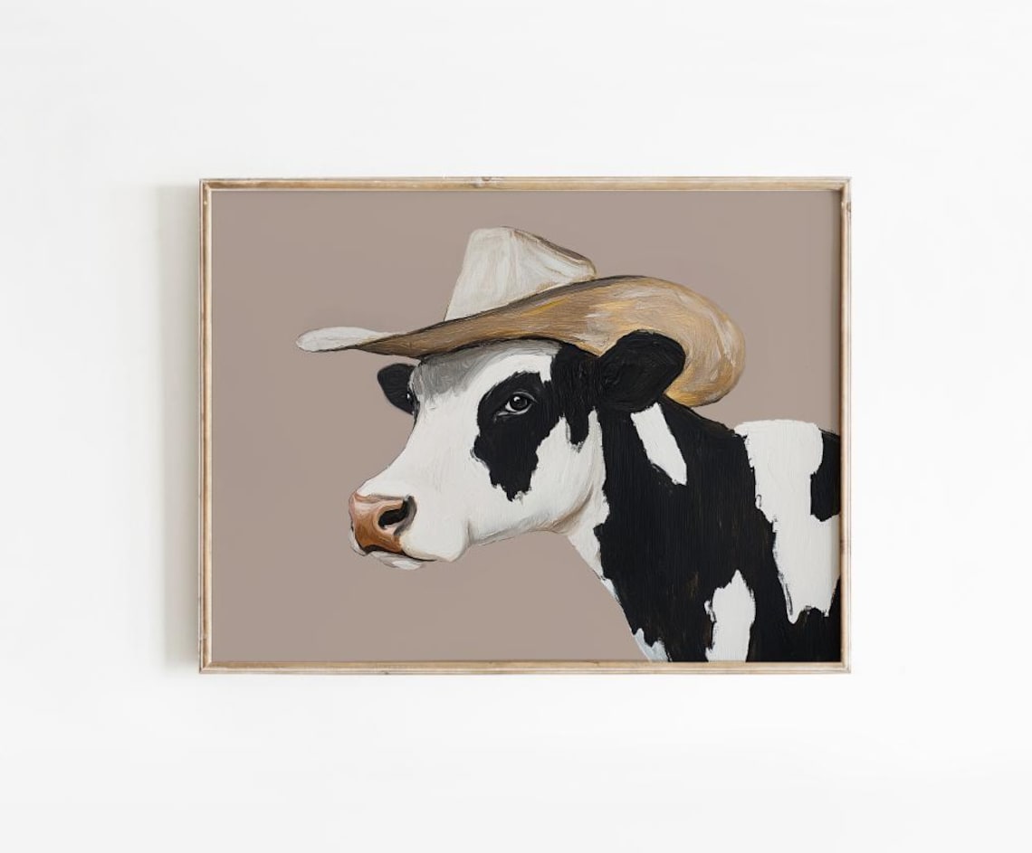 Cowboy Hat Wearing Holstein Cow Portrait Funny Vintage Western Poster