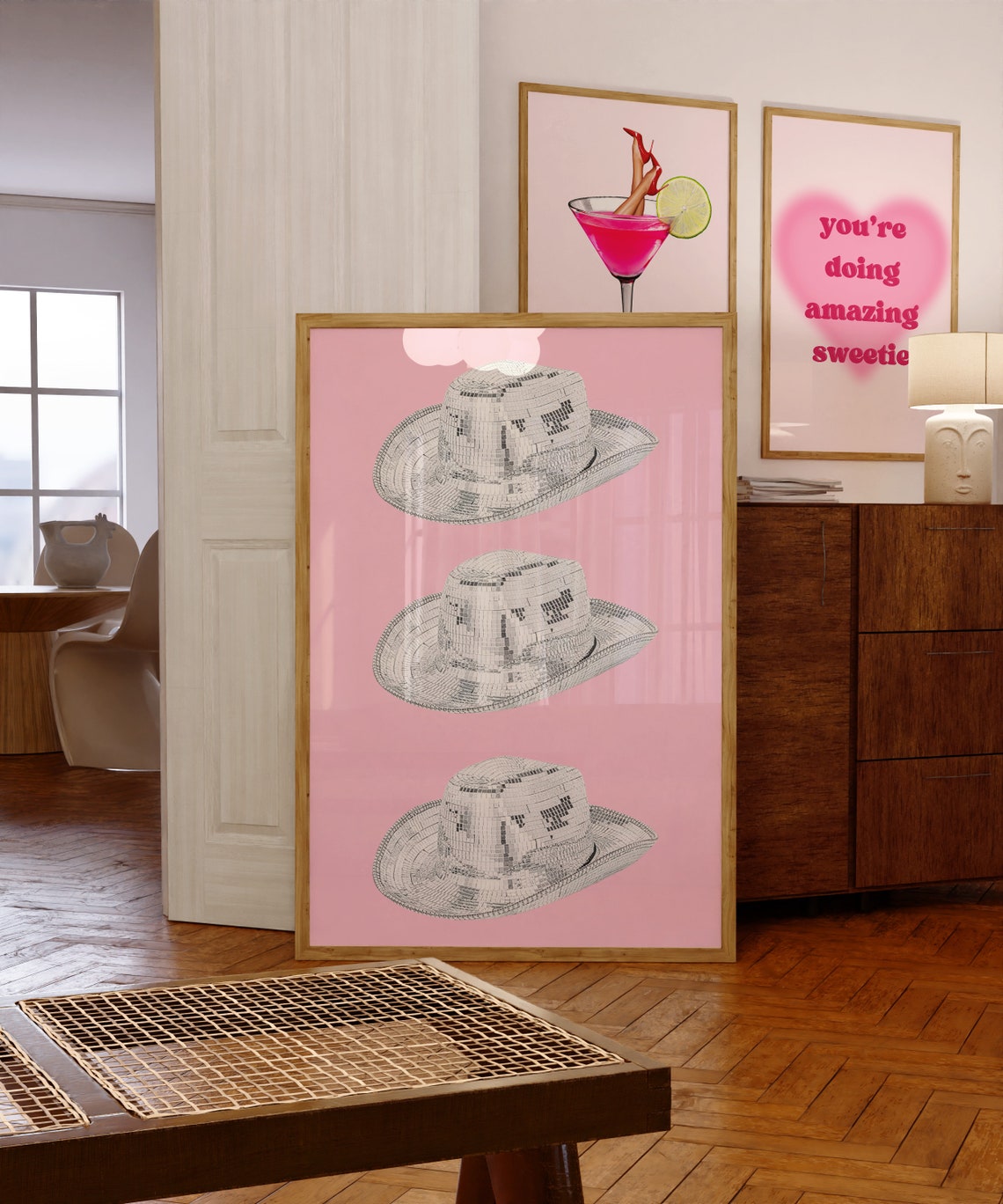 Three Disco Ball Cowboy Hats Pink Western Party Poster for Dorms