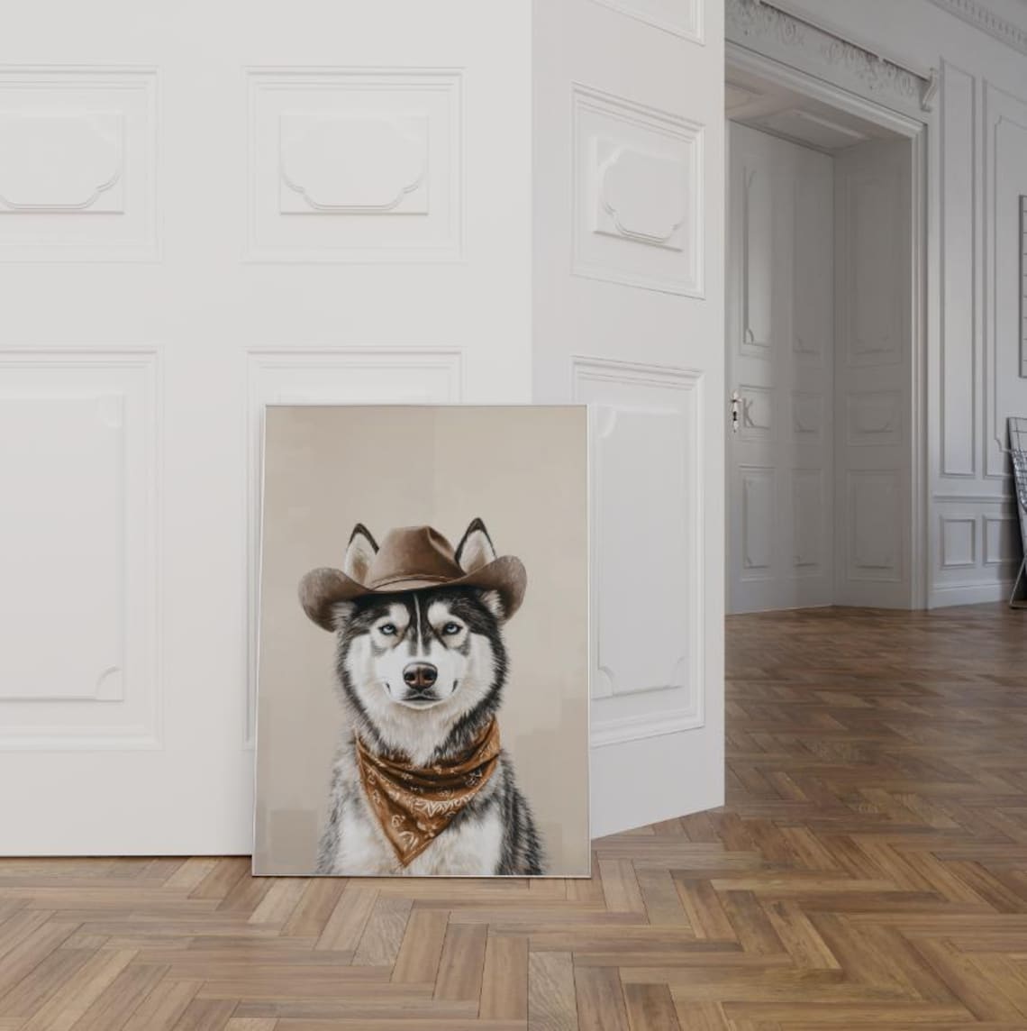 Siberian Husky in Cowboy Hat Neutral Rustic Western Dog Art Poster