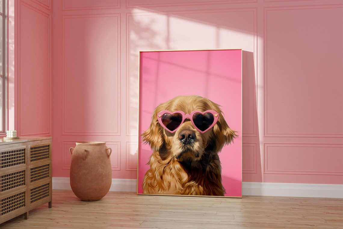Golden Retriever Heart Sunglasses Pink Cute Funny Dog Wall Poster - Image 2