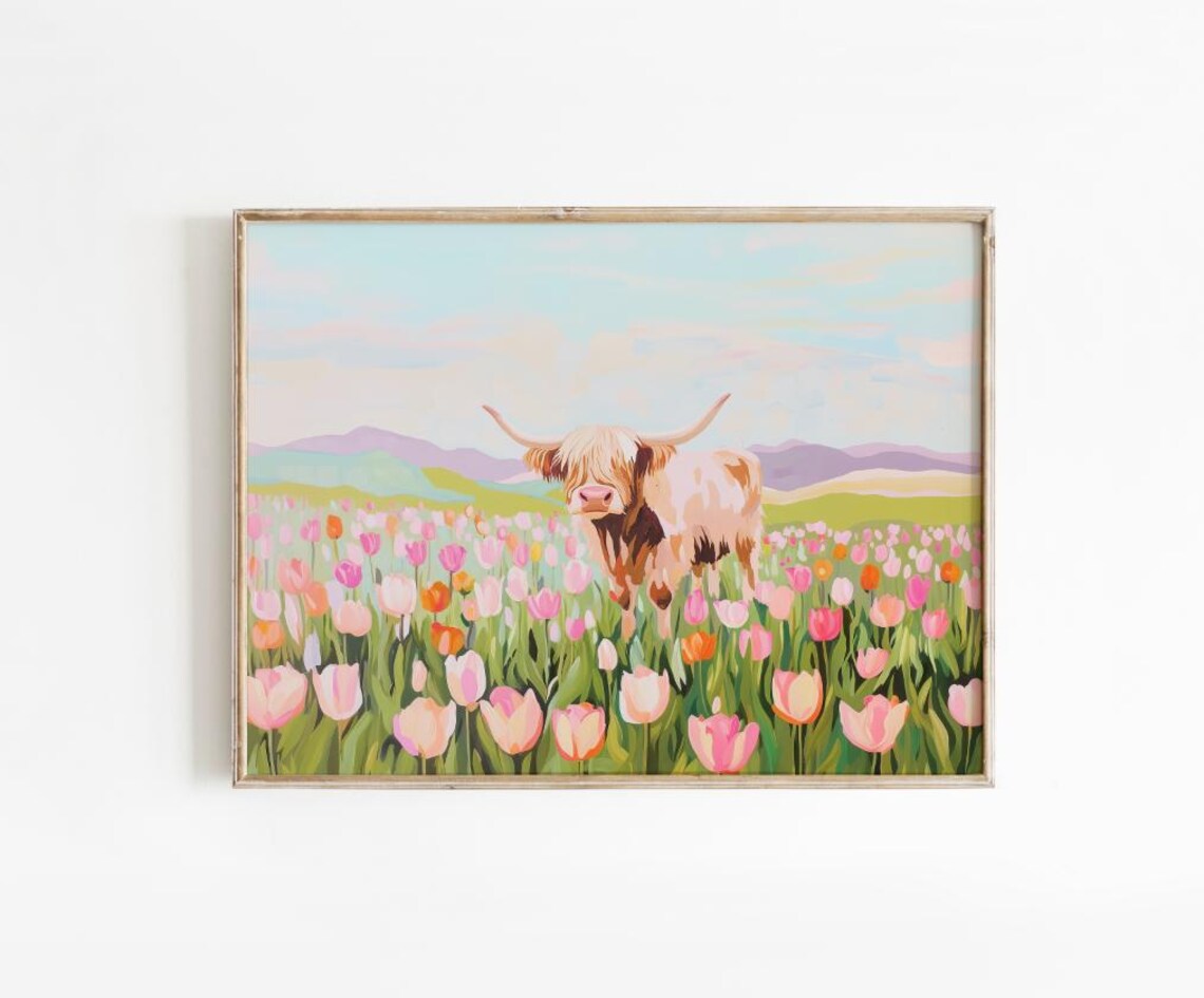 Highland Cow Floral Funky Western Art Print