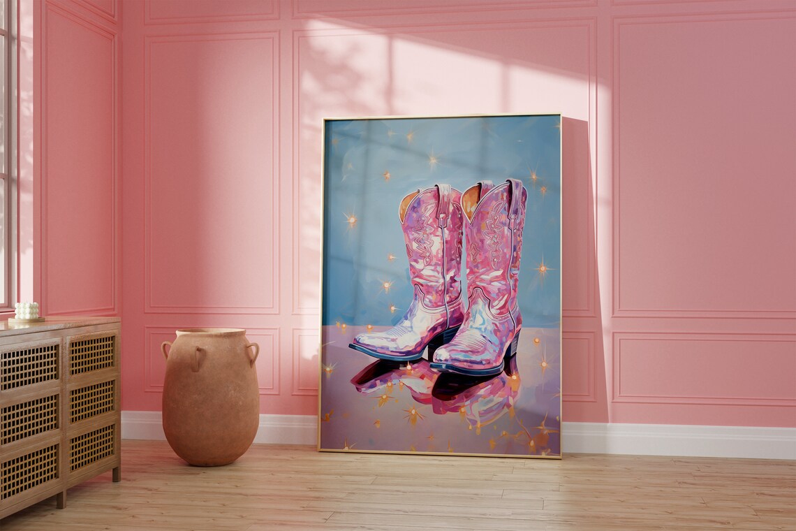 Pink Disco Cowboy Boots Sparkle Painting Glam Western Poster - Image 2