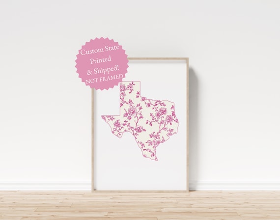 Texas State Silhouette Pink Chinoiserie Floral Custom Art Poster