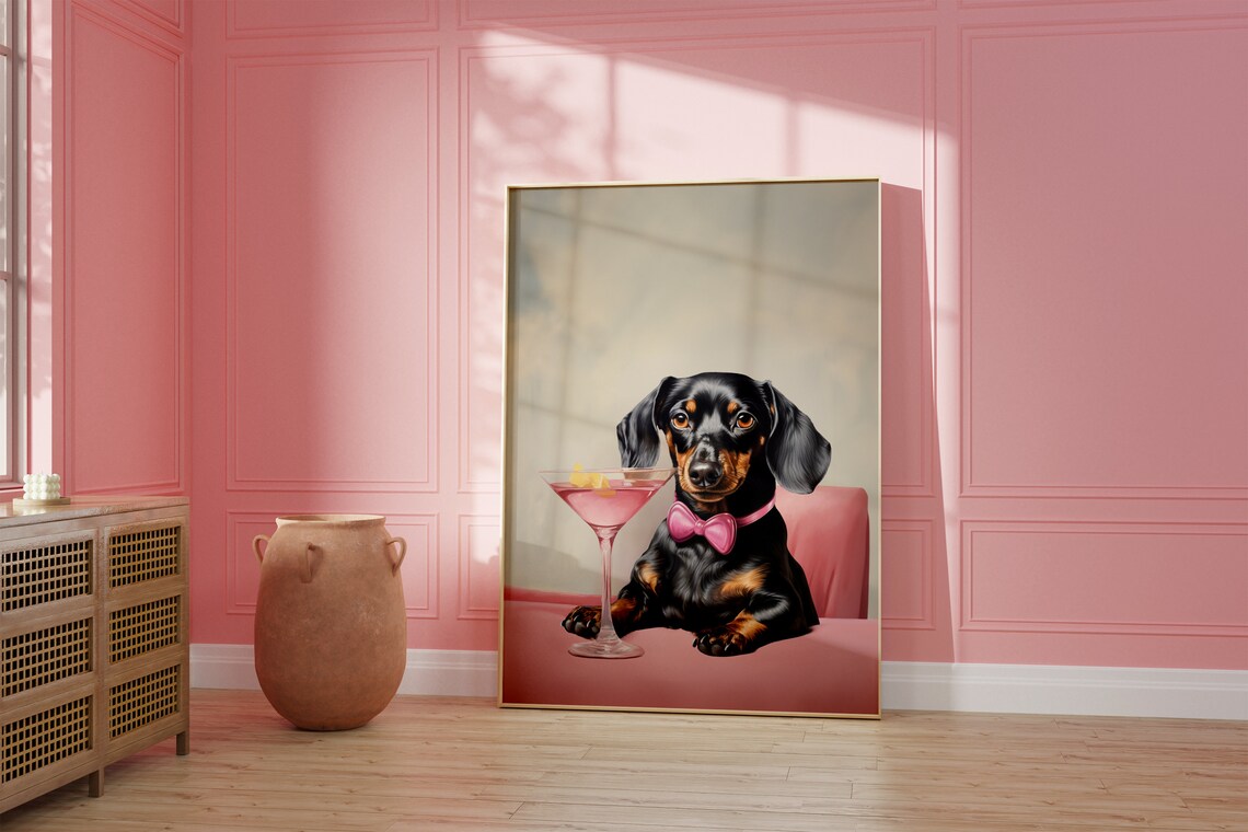 Dachshund Bow Tie Pink Martini Cute Funny Weenie Dog Wall Poster - Image 2