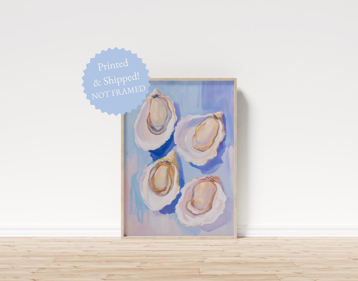 Oyster Watercolor Painting Coastal Beach Preppy Blue Decor Poster