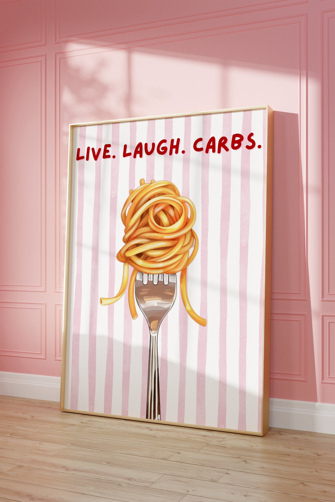 Live Laugh Carbs Spaghetti Fork Pasta Lovers Pink Kitchen Art Poster