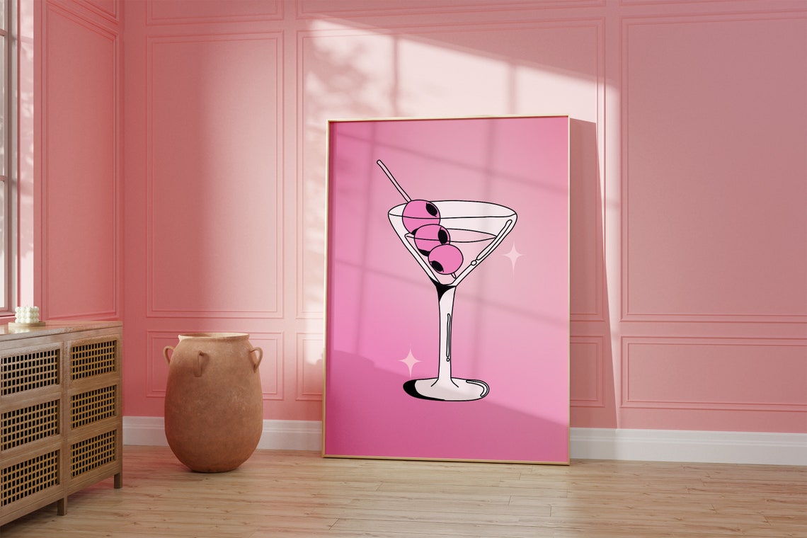 Martini Glass With Pink Olives Cute Retro Cocktail Doodle Poster - Image 2