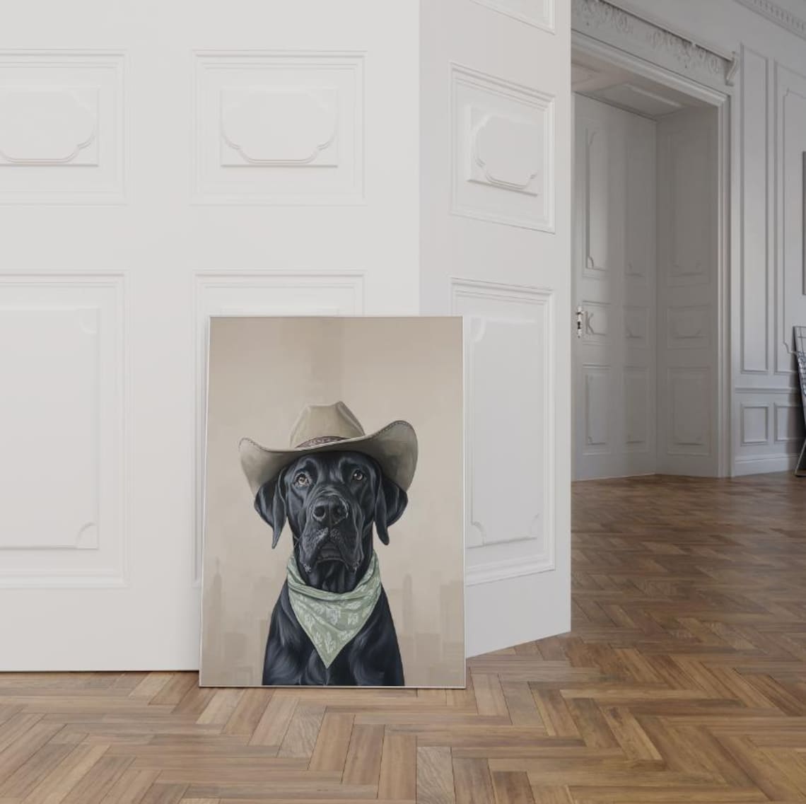 Great Dane Dog Cowboy Hat Sage Bandana Western Pet Portrait Poster