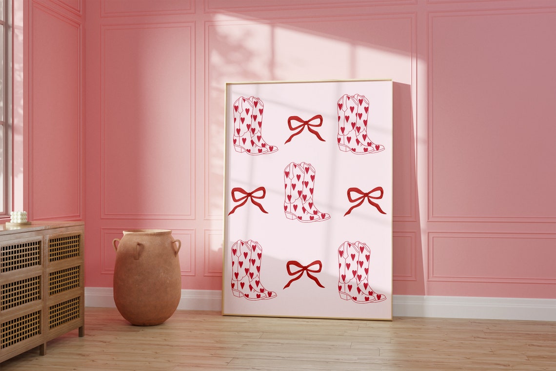 Red Heart Cowboy Boots And Bows Pink Preppy Pattern Wall Poster - Image 2